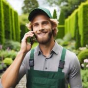 Gartenbauer telefoniert mit seinem Smartphone